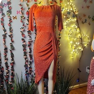 Police Orange Ruched Off-Shoulder Cocktail Dress